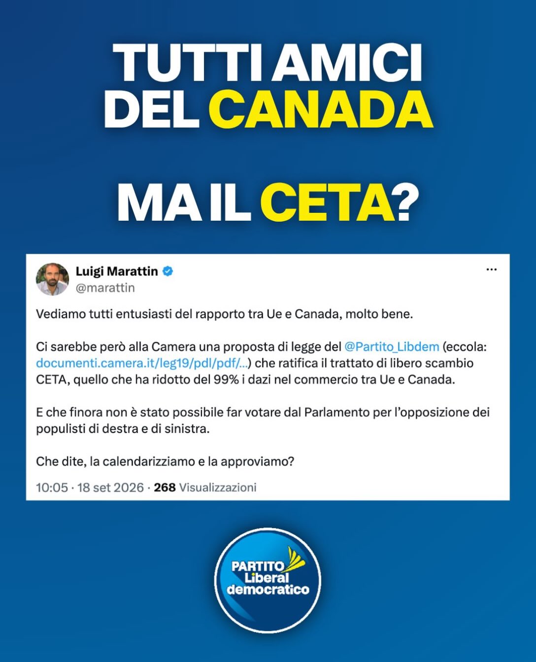 TUTTI AMICI DEL CANADA. MA IL CETA? 🇨🇦
Alla Camera c’è una proposta di legge per la ratifica del